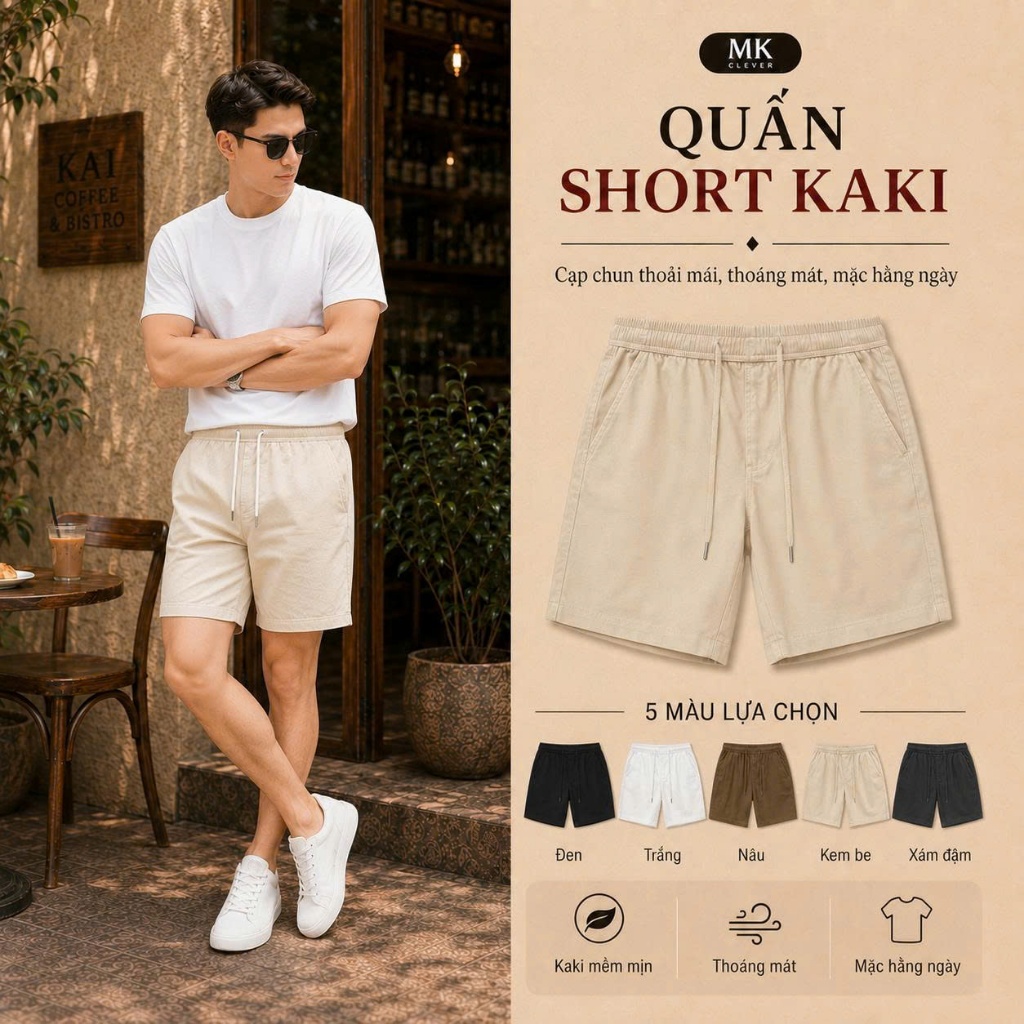 Quần short đùi Kaki Excool nam MK CLEVER cạp chun thoáng mát trẻ trung, form trên gối mặc hàng ngày