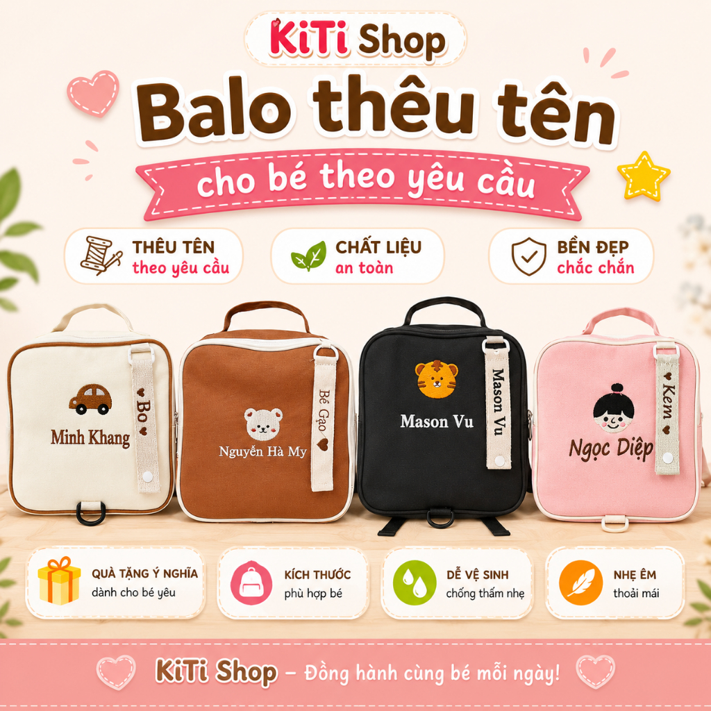Balo thêu tên cho bé theo yêu cầu vải Canvas tặng name Tag tên riêng Size23×23×10cm, Họa tiết ngộ ng