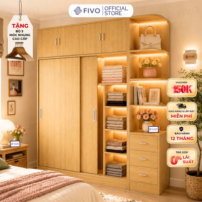 Tủ Gỗ Quần Áo Cửa Lùa Cao Cấp FC32 FIVO, Gỗ Dày 17mm, Kèm Hệ Tủ Tiện Lợi, Ngăn Kéo Sâu 60cm, Freeship+Free lắp đặt, Trả