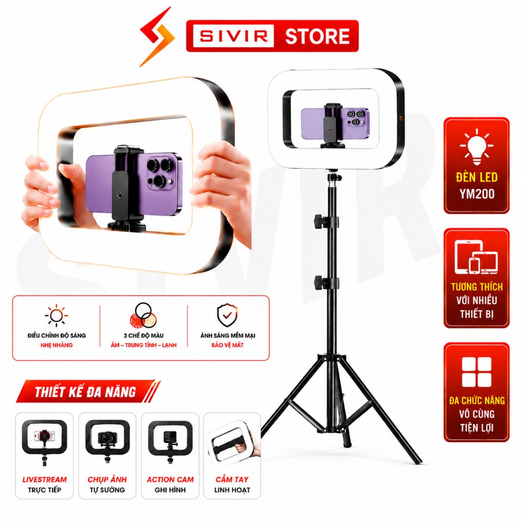 Đèn chiếu sáng SIVIR YM200 vòng cầm tay có thể sạc lại Máy tính để bàn Chụp ảnh di động