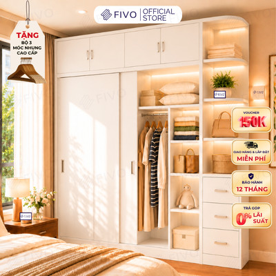 Tủ Gỗ Quần Áo Cửa Lùa Cao Cấp FC32 FIVO, Gỗ Dày 17mm, Kèm Hệ Tủ Tiện Lợi, Ngăn Kéo Sâu 60cm, Freeship+Free lắp đặt, Trả