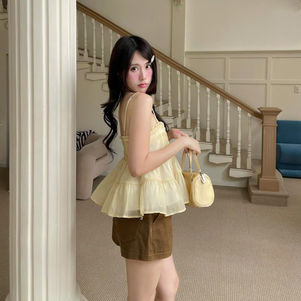 NAVIE X KURV (CÓ BIGSIZE ) -  Áo babydoll hai dây nhún bèo phối 5 cúc thời trang nữ | BigBuy360 - bigbuy360.vn