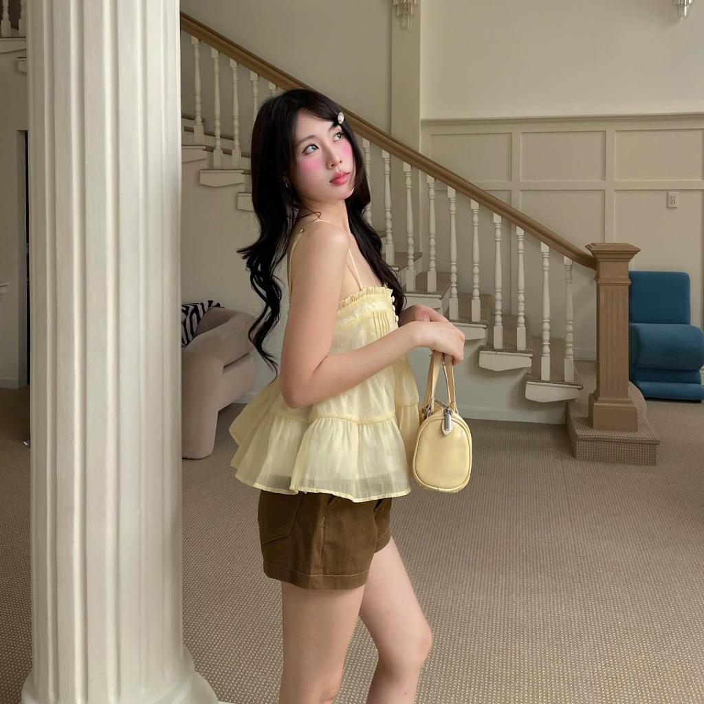 NAVIE X KURV (CÓ BIGSIZE ) -  Áo babydoll hai dây nhún bèo phối 5 cúc thời trang nữ | BigBuy360 - bigbuy360.vn