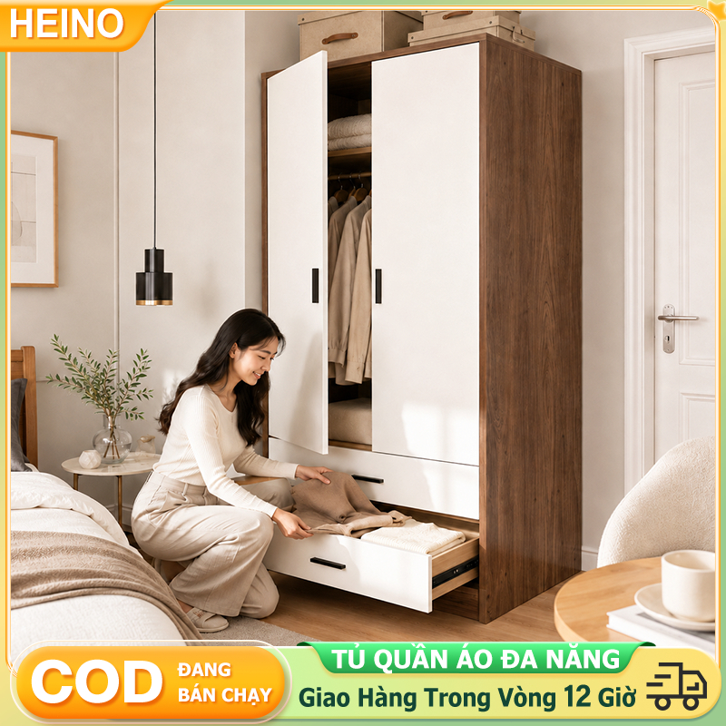 HEINO Tủ Quần Áo Gỗ MDF 2 Cánh Có Ngăn Kéo Tủ Áo Phong Cách Nordic Màu Óc Chó Phối Trắng Chống Ẩm Cho Phòng Ngủ