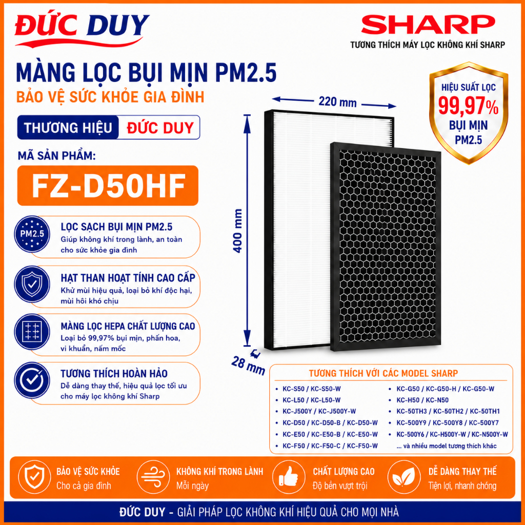 COMBO Màng Lọc SHARP KC-D50 KC-E50 KC-E50A1 KC-50E1 KC-50E2 KC-F50 KC-F50E3 KC-G50 KC-GG50 KC-H50 KC