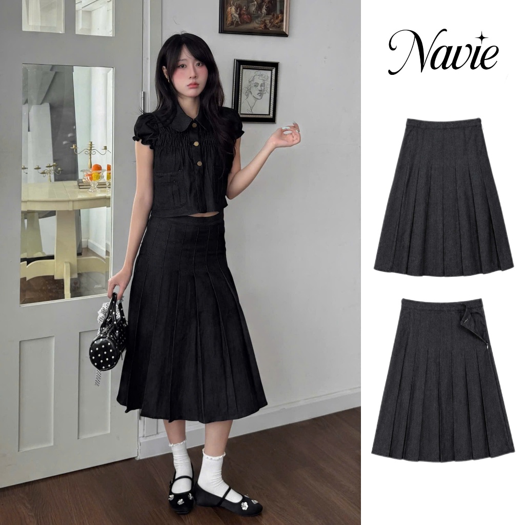 NAVIE -  Chân váy jeans dài xếp ly ROMY thời trang nữ | BigBuy360 - bigbuy360.vn