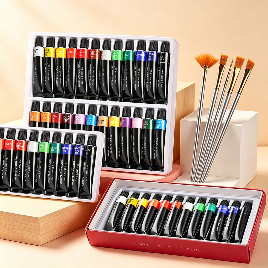 Miracle Works Bộ Màu Acrylic 12/24 màu 12ml cùng với dụng cụ vẽ acrylic