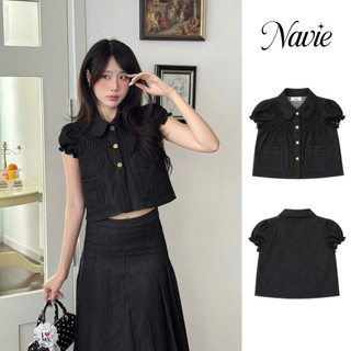 NAVIE - Áo jeans form croptop BAMBI phối 3 cúc thời trang nữ