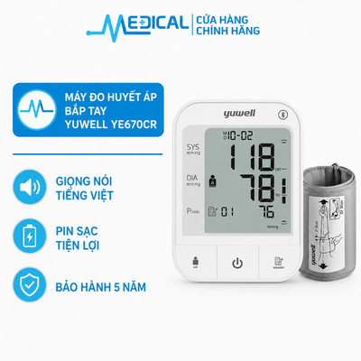 Máy đo huyết áp bắp tay có giọng nói tiếng việt Yuwell thế hệ mới YE670CR pin sạc ( New) bảo hành 5 năm chính hãng
