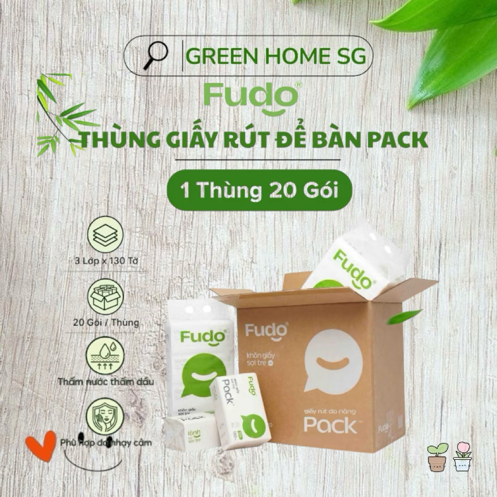 Thùng 20 Gói Khăn Giấy Rút Để Bàn FUDO BAMBO0 Không Tẩy Trắng An Toàn Cho Da Nhạy Cảm