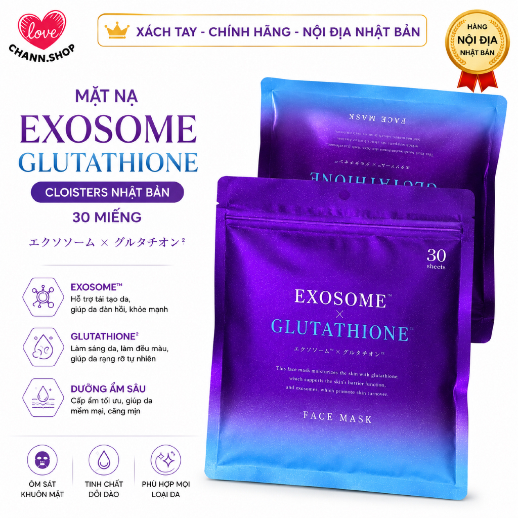 Mặt Nạ exosome glutathione cloisters chống lão hoá, Trắng da Nhật Bản 30 miếng