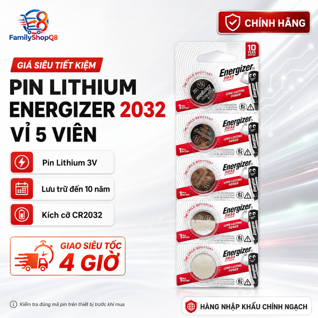 CR2032 Energizer Lithium Dung Lượng Cao Dùng Cho Airtag, Smartkey, Đồng Hồ, Cân Điện Tử.