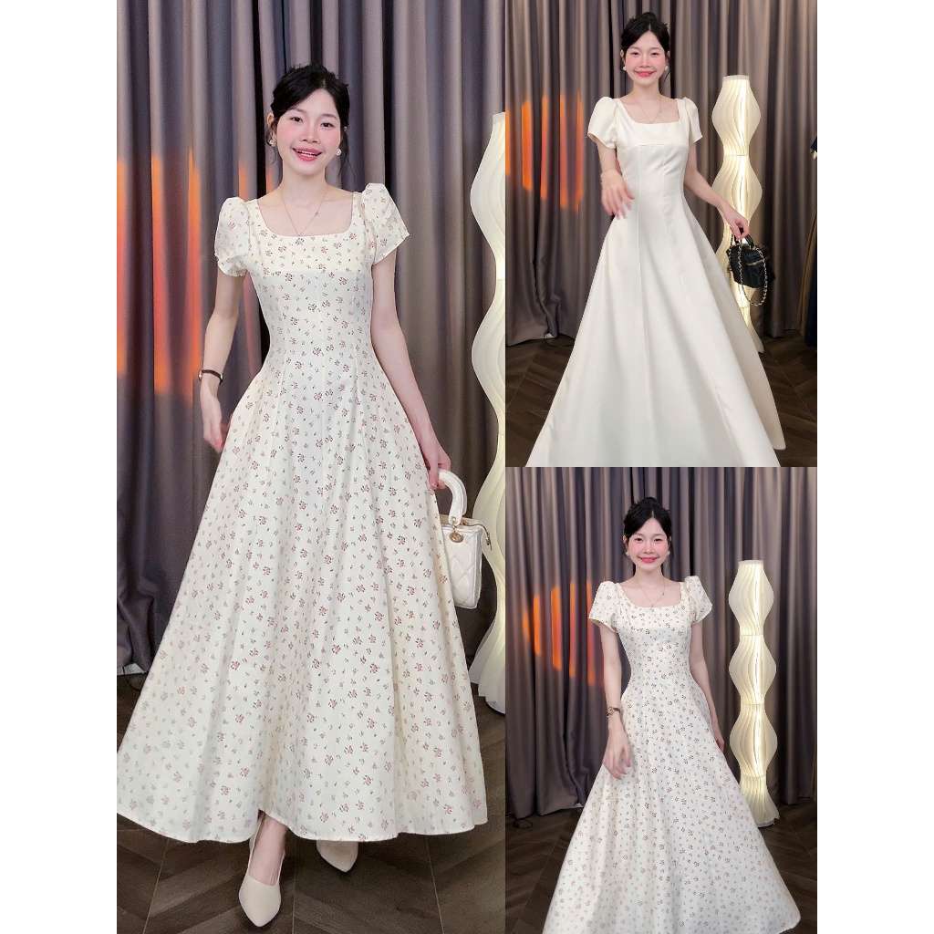 [Đ.43-D] Đầm Cổ Vuông Nhiều Mảnh Dáng Dài Tay Bồng Tiểu Thư | Tũm Clothing
