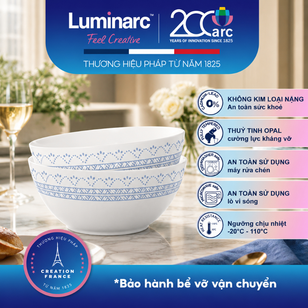 Bộ 2 Tô Thủy Tinh Opal Cường Lực Luminarc Diwali Geomatric Blue 21cm-LUGEV9741