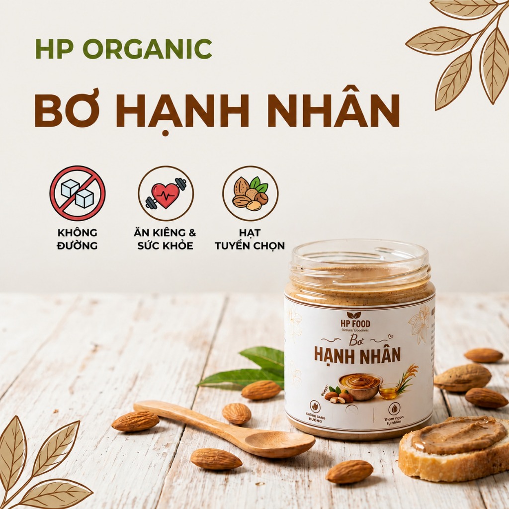 Bơ Hạnh Nhân Nguyên Chất HP Organic (HP Food) -100% Tự Nhiên, Không Đường, Hỗ Trợ Ăn Kiêng Eat Clean