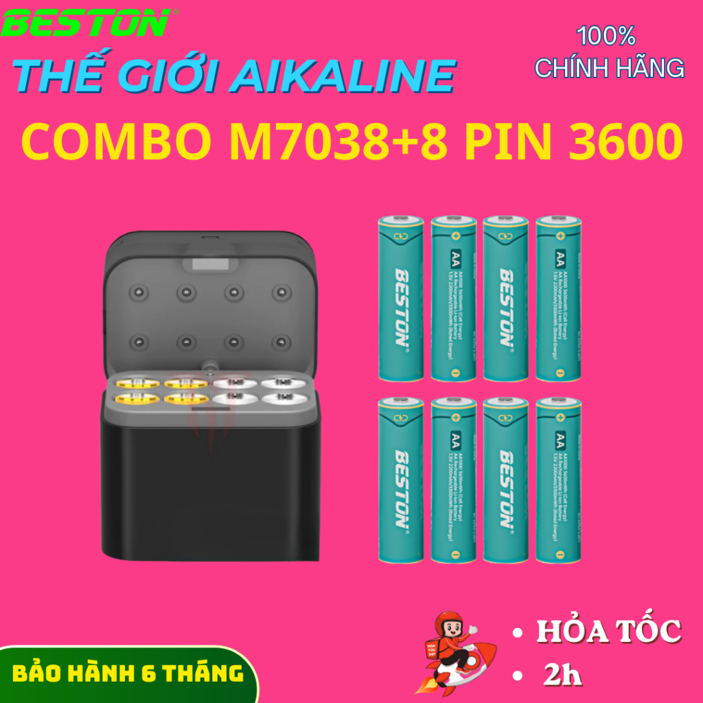 Combo sạc M7038+8 Pin sạc AA 1.5V 3600mWh, thương hiệu Beston, dùng cho thiết bị điện, đồ chơi...