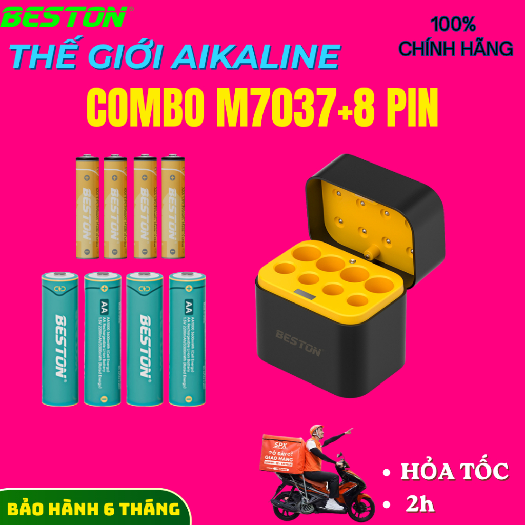 Combo sạc M7037 + 4 pin AA /AAA sạc tự ngắt khi đầy, dùng cho micro karaoke, đồ chơi gia đình