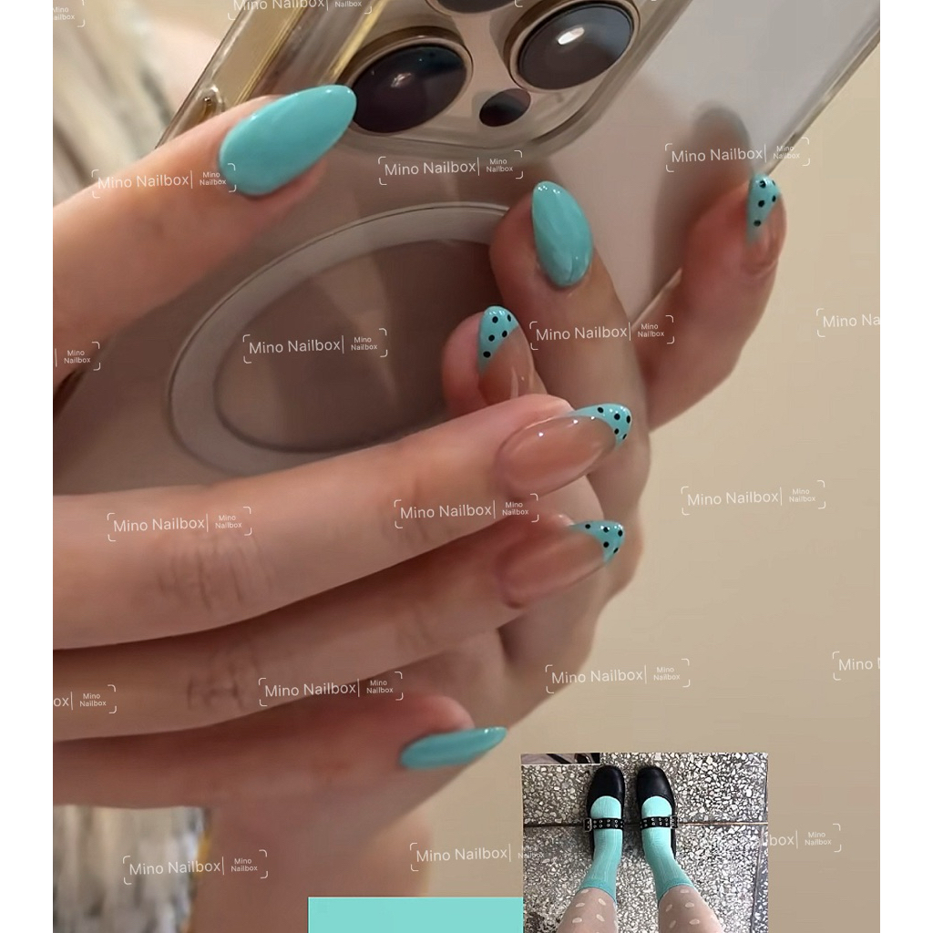 M445 Nailbox xanh tiffany vẽ đầu móng chấm bi đen siêu hot mùa hè Mino Nailbox