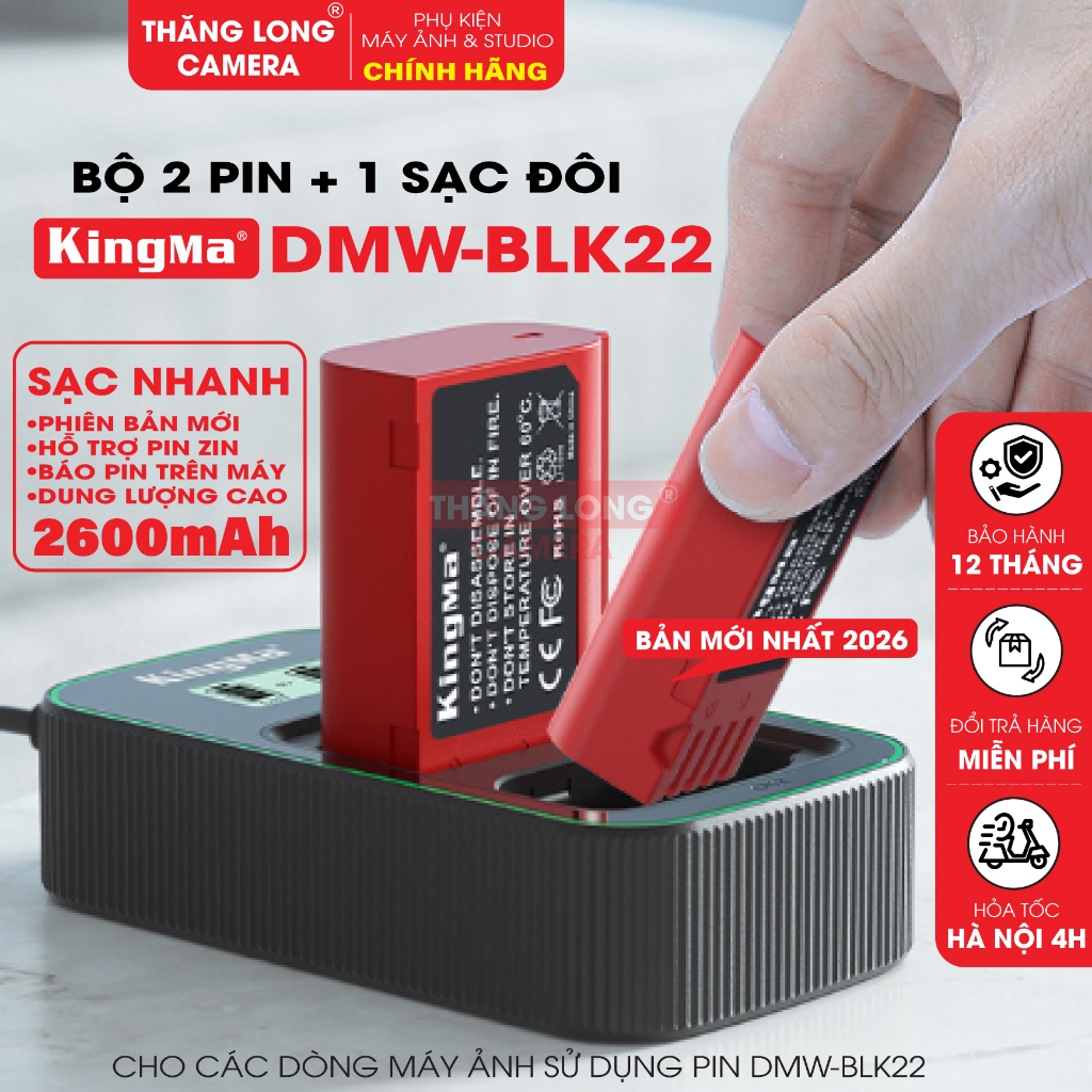 Bộ 2 Pin + 1 Đốc Sạc Đôi KingMa DMW-BLK22 2600mAh V5 Phiên Bản Mới 2026 - Sạc Nhanh Type-C Cho Pana 