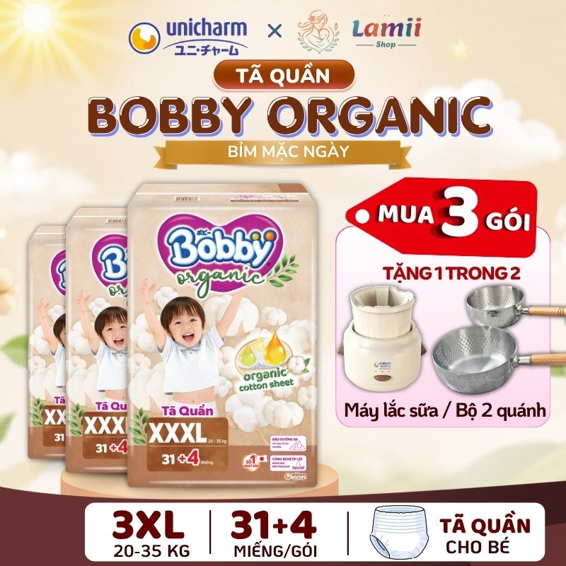 Combo 3 Tã Quần Bobby Organic ngày Bỉm Cao Cấp Bobby Chính Hãng cho bé full size M, L, XL, 2XL,3XXL