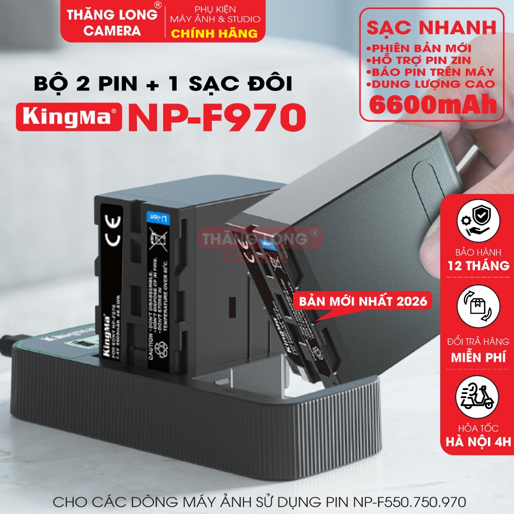 Bộ 2 Pin + 1 Đốc Sạc Đôi KingMa NP-F970 6600mAh V5 Phiên Bản Mới 2026 - Sạc Nhanh Type-C Cho Đèn LED