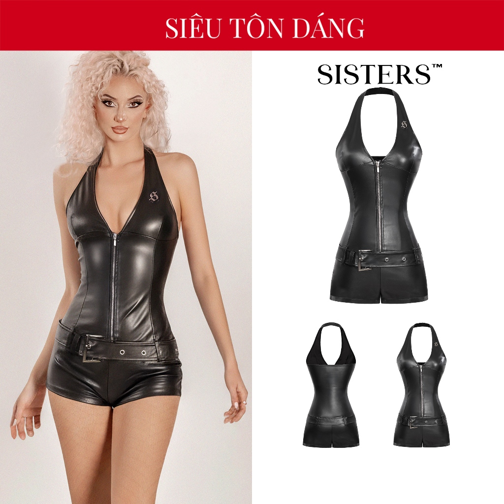 Jumpsuit ôm body cổ yếm hở lưng SISTERS chất liệu da co giãn màu đen phối thắt lưng khóa kéo inox Fi
