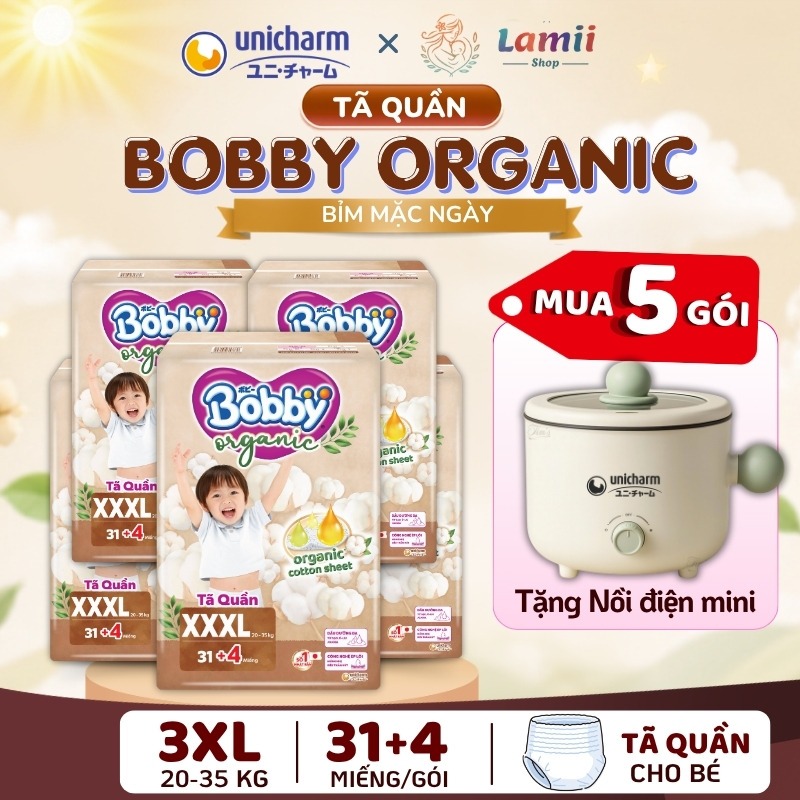 Combo 5 Tã Quần Bobby Organic Ngày Cao Cấp Chính Hãng full size M54, L48, XL, 2XL,3XXL - Lamii Shop