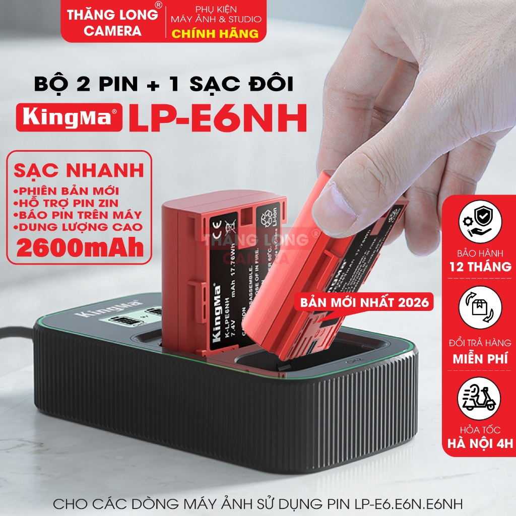 Bộ 2 Pin + 1 Đốc Sạc Đôi KingMa LP-E6NH 2600mAh V5 Phiên Bản Mới 2026 - Sạc Nhanh Type-C Cho Canon R