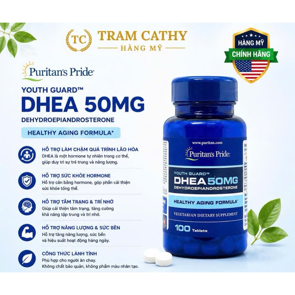 Puritan's Pride DHEA 50mg 100 viên - Hỗ trợ cân bằng nội tiết và duy trì sức khỏe tuổi trung niên