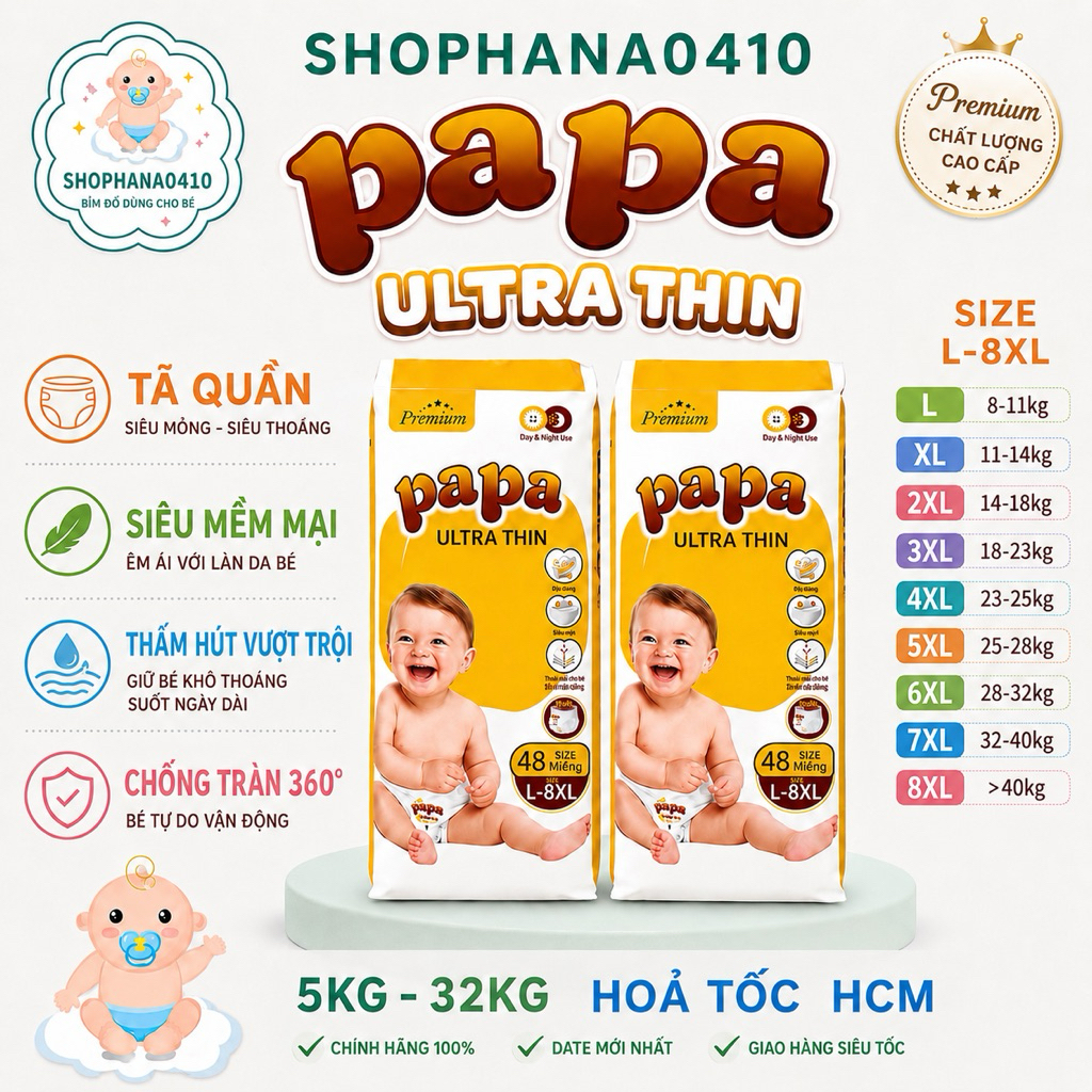 [Hoả tốc -HCM] Tã Bỉm Quần Papa Ultra thin công nghệ Nhật Bản bịch 48-50 miếng đủ size từ L đến 8XL