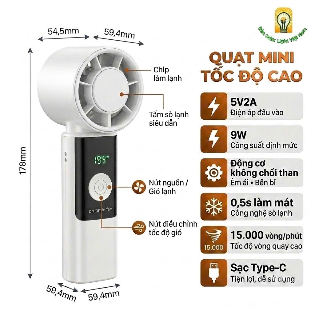 Quạt cầm tay mini sò lạnh pin sạc tích điện gấp gọn để bàn 199 tốc độ gió 15000v/p nhỏ gọn pin dùng 10H