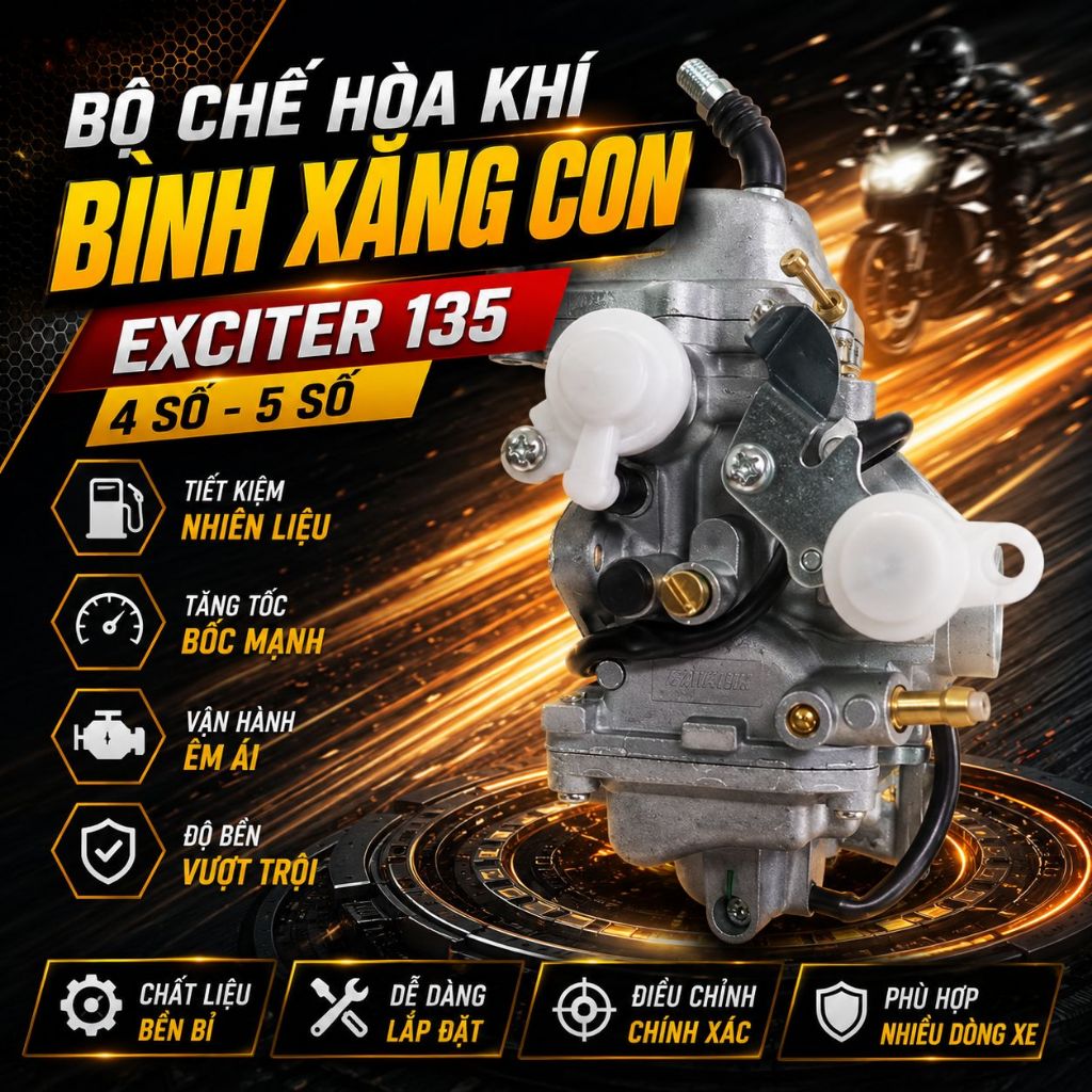 Bộ Chế Hòa Khí (Bình Xăng Con) Exciter 135 4 Số, 5 Số Hàng Woang Cao Cấp – Bình Xăng Con Ex 135 Chạy