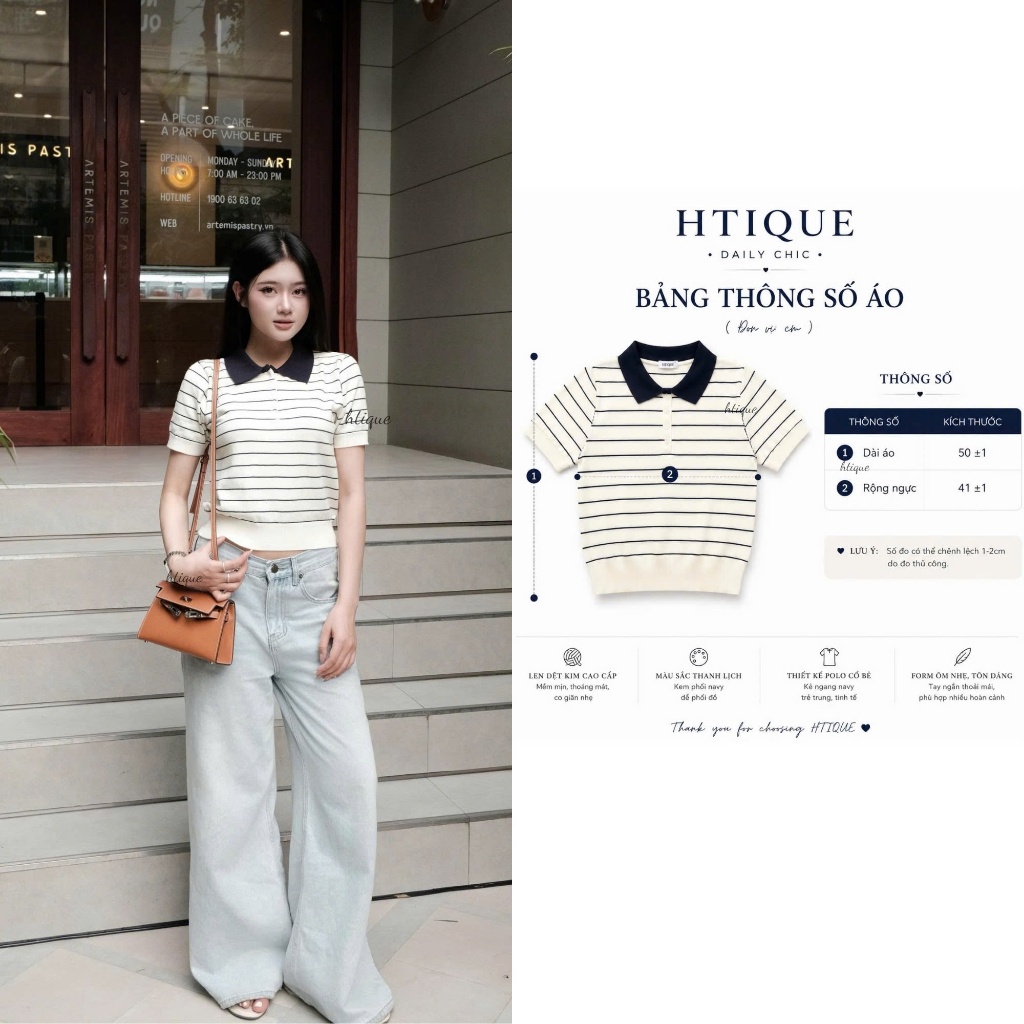 HTIQUE - DEAL mở bán Áo polo len dệt kim kẻ ngang thoáng khí, Áo polo kiểu nữ…