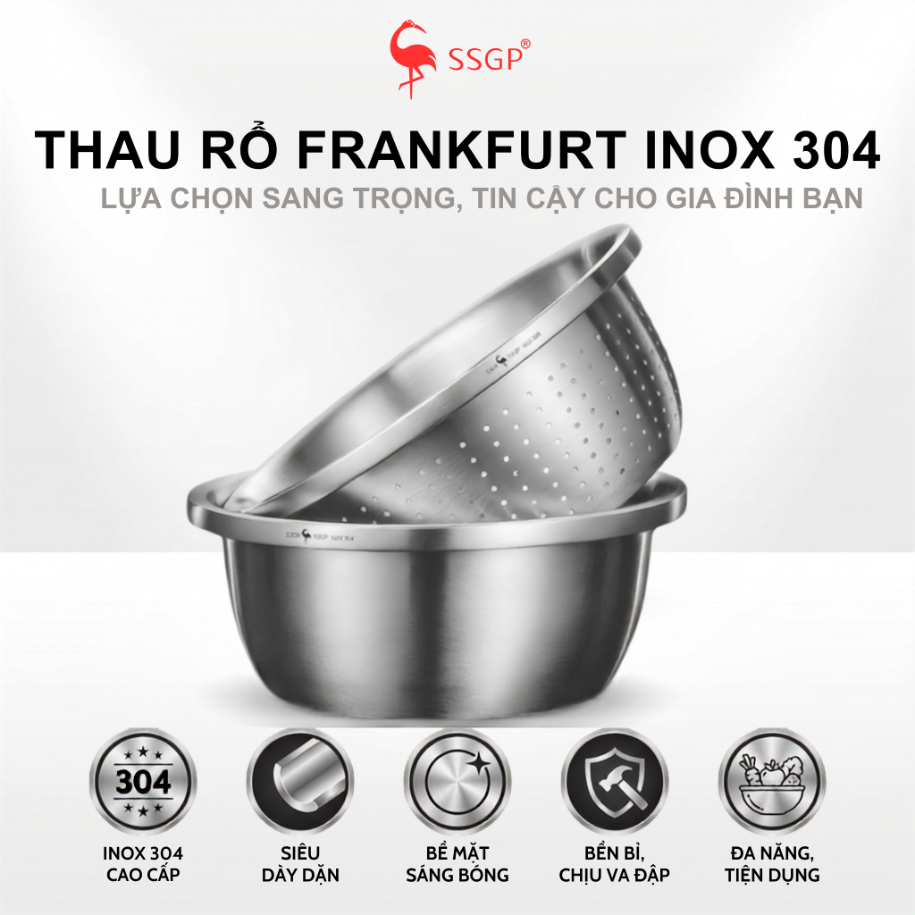 Thau Inox 304 Cao Cấp SSGP, Chậu Rửa Inox, Thau trộn, Chậu Inox, Thau Rổ Inox 30cm Thau rổ inox lớn