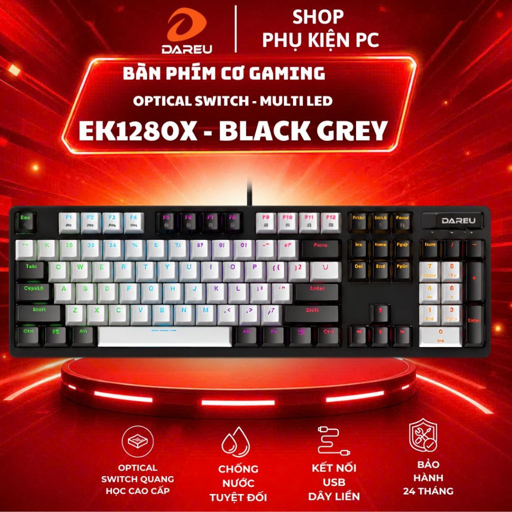 Bàn phím quang cơ DAREU EK1280X BLACK-GREY (WATERPROOF, Optical switch, MULTI LED)