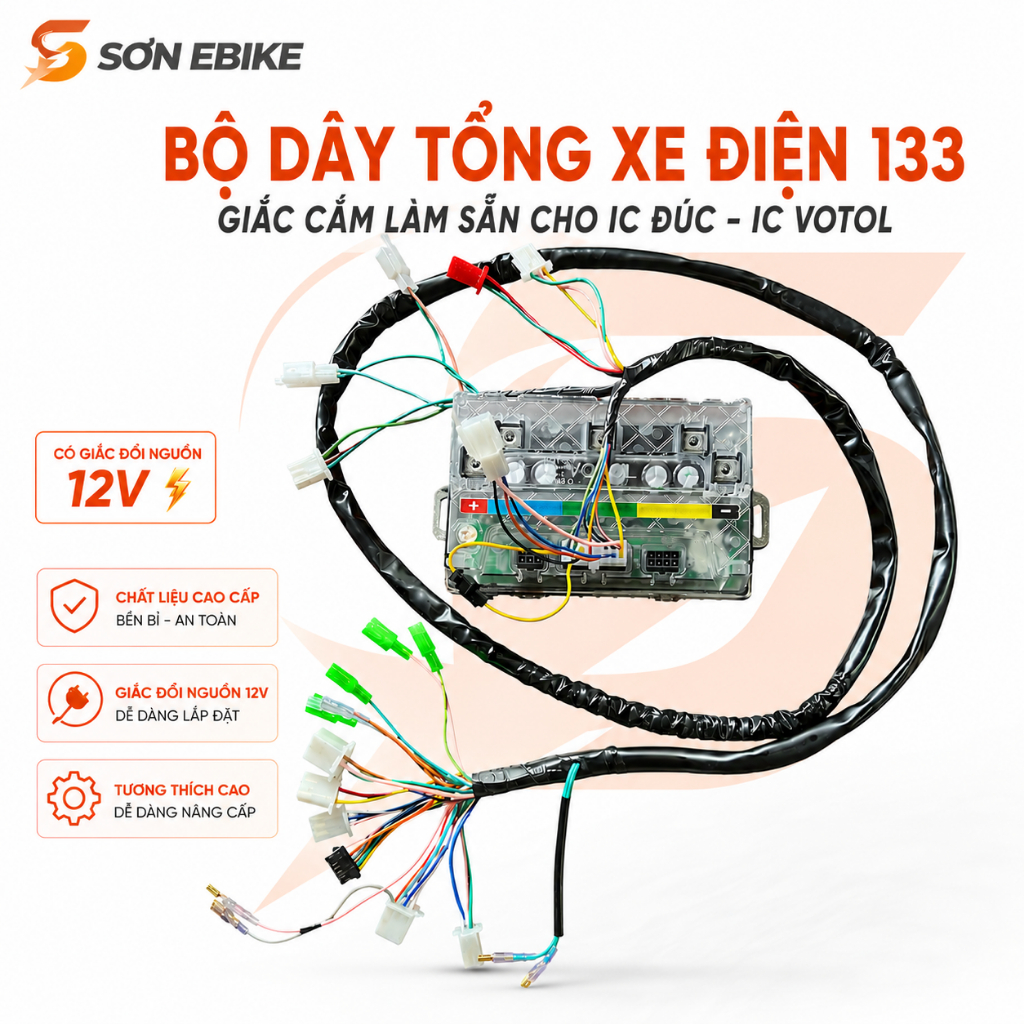 Dây tổng xe điện 133s làm sẵn giắc cắm ic đúc và ic votol (có giắc đổi nguồn 12 vol)