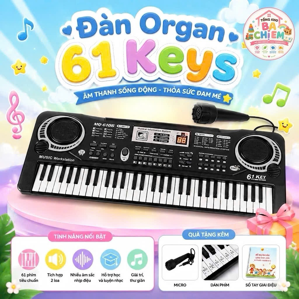 [Phiên Bản 2 Loa] Đàn Piano Organ 61 phím cho bé tặng micro dán phím tuyển tập đánh đàn