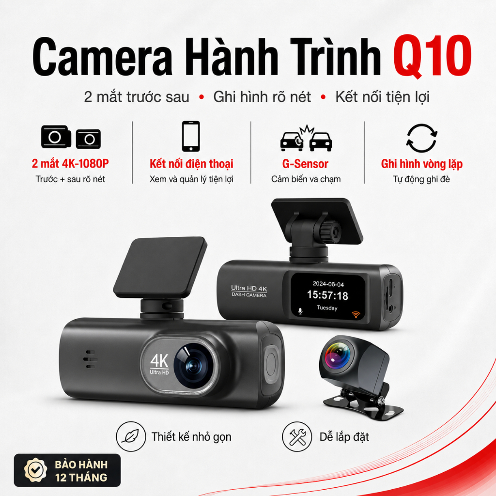 Camera Hành Trình Ô Tô Ghi Hình Siêu Nét Nhỏ Gọn VieView Q10, Quay 2 Chiều, Bảo Hành 12 Tháng
