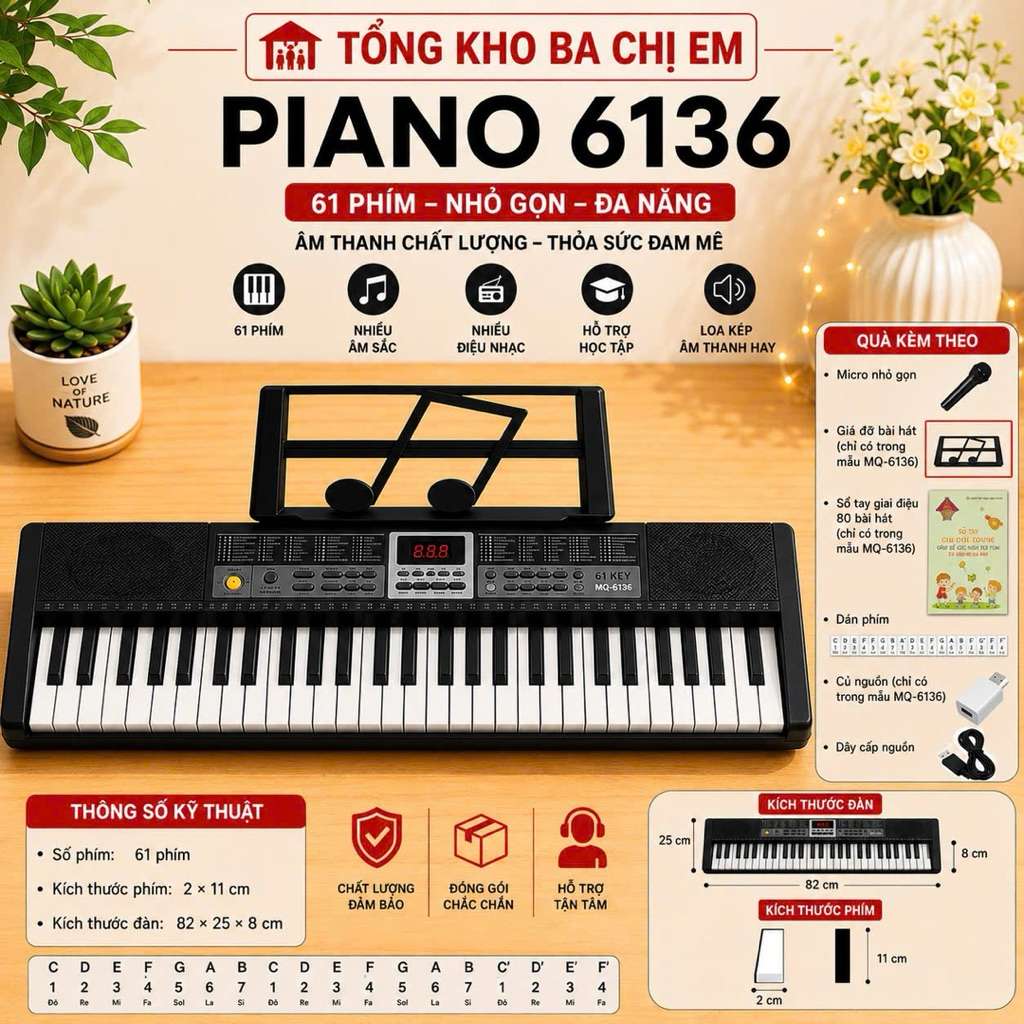 Đàn organ piano 61 phím MQ6136 cho người mới tập chơi,âm thanh rõ ràng,thiết kế nhỏ gọn,200tone,200 
