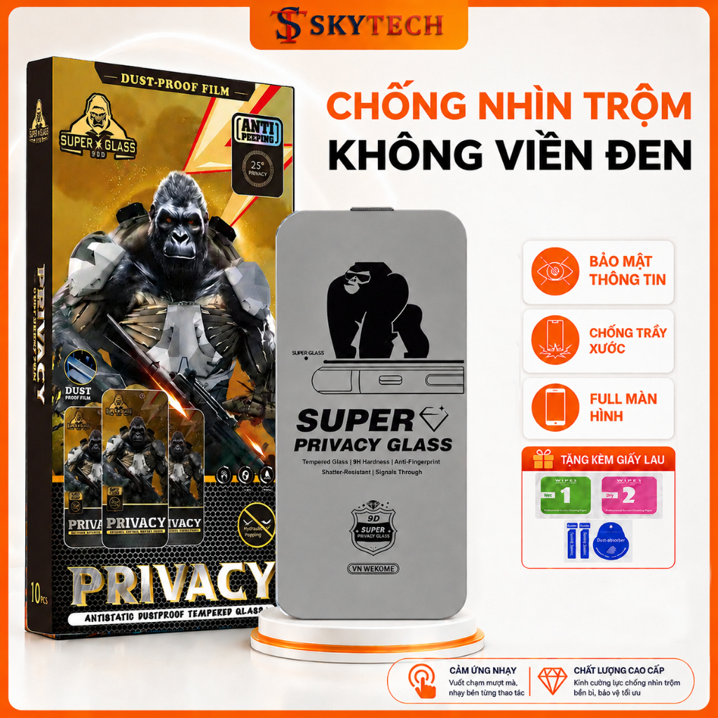 KHÔNG VIỀN ĐEN - Kính Cường Lực Chống Nhìn Trộm Không Lẹm Màn, Full 95% Màn Cho iPhone Từ X - 17 Pro Max - Skytech