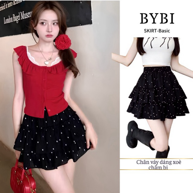 Chân Váy Đen Dáng ngắn 2 tầng chấm bi BIBY- có lót váy 2 lớp