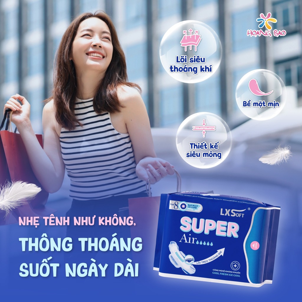 Băng vệ sinh Lxsoft Super Air bạc hà mát lạnh, bề mặt lưới lụa siêu mềm, siêu thấm hút