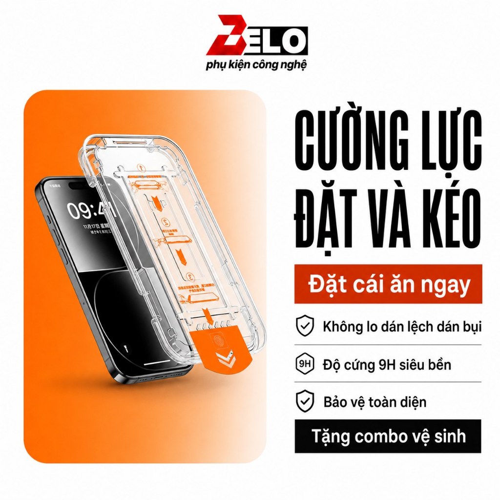 Kính Cường Lực iPhone Khung Dán Tự Động Lọc Bụi Hạn Chế Vân Tay Độ Cứng 9H chống sốc BELO