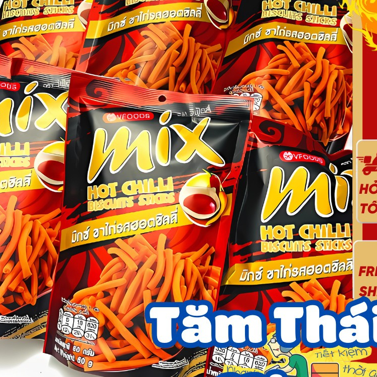 Snack Tăm Thái Mix Vị Ớt Cay, Snack bim bim que Mix Vfoods Thái Lan
