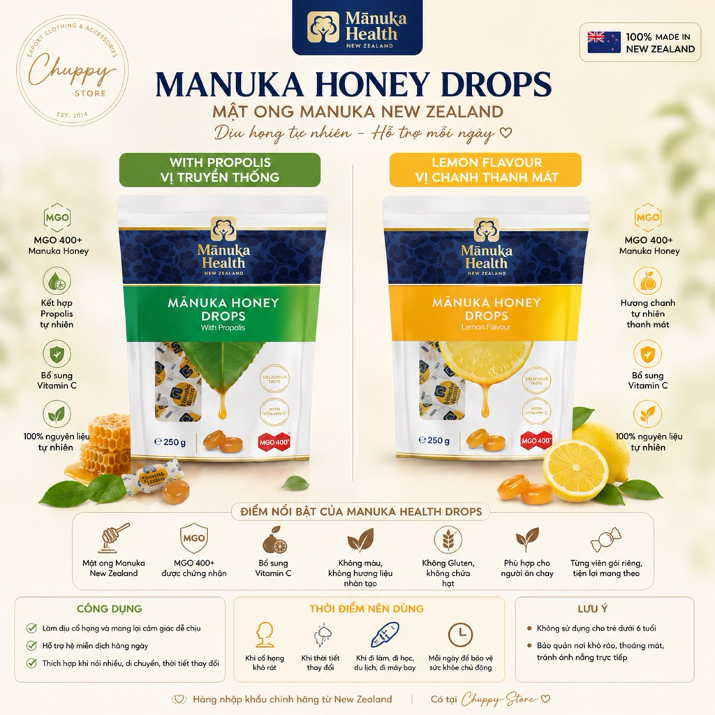 [HÀNG NHẬP ÚC BAY AIR FULL BILL] Manuka Health Honey Candy - Kẹo mật ong manuka hiệu Manuka Health/C