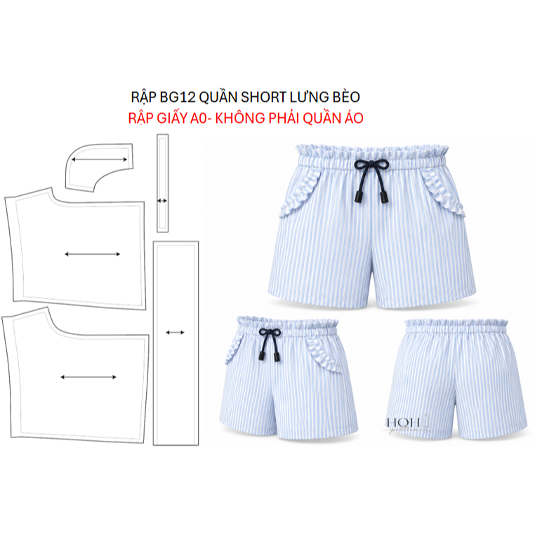 Rập Giấy A0 Quần Short Bé Gái Lưng Bèo Size 1-10 Tuổi - BG12