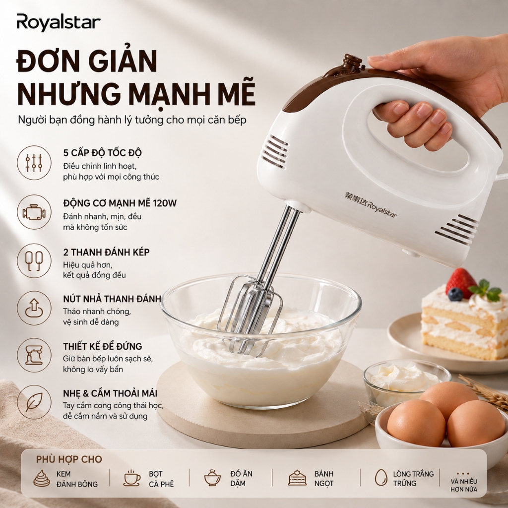 Máy Đánh Trứng Cầm Tay Royalstar 120W 5 Tốc Độ | Máy Đánh Kem Mini | Tạo Bọt Sữa
