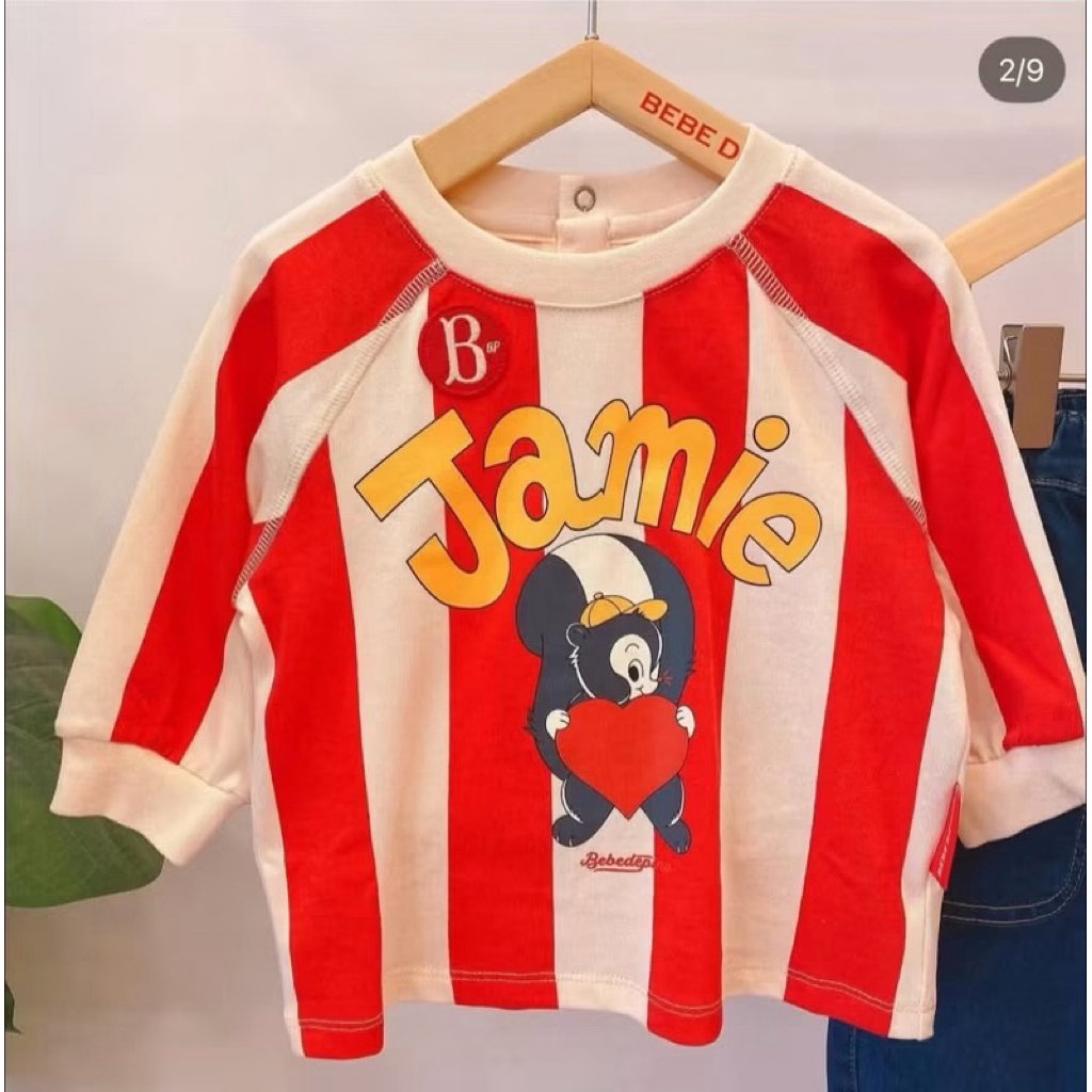 Áo lẻ Bebedepino trai gái đều mặc được hoạ tiết sọc trắng đỏ “Jamine” cưng lắm [size 100]