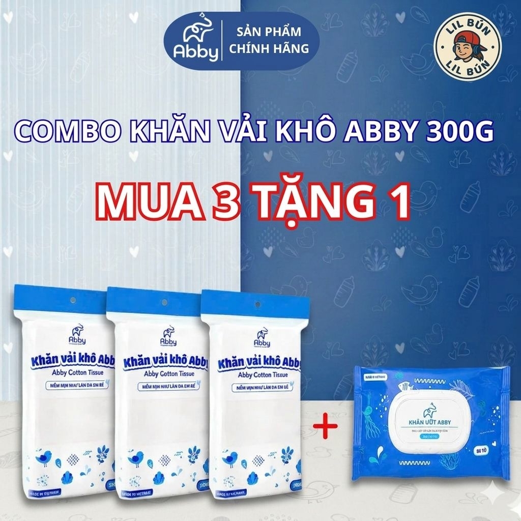 [MUA 3 TẶNG 1] Combo 3 Khăn Vải Khô Abby 300g Cho Bé Sơ Sinh + Tặng 1 Gói Khăn Ướt 80 Tờ Abby cao câ