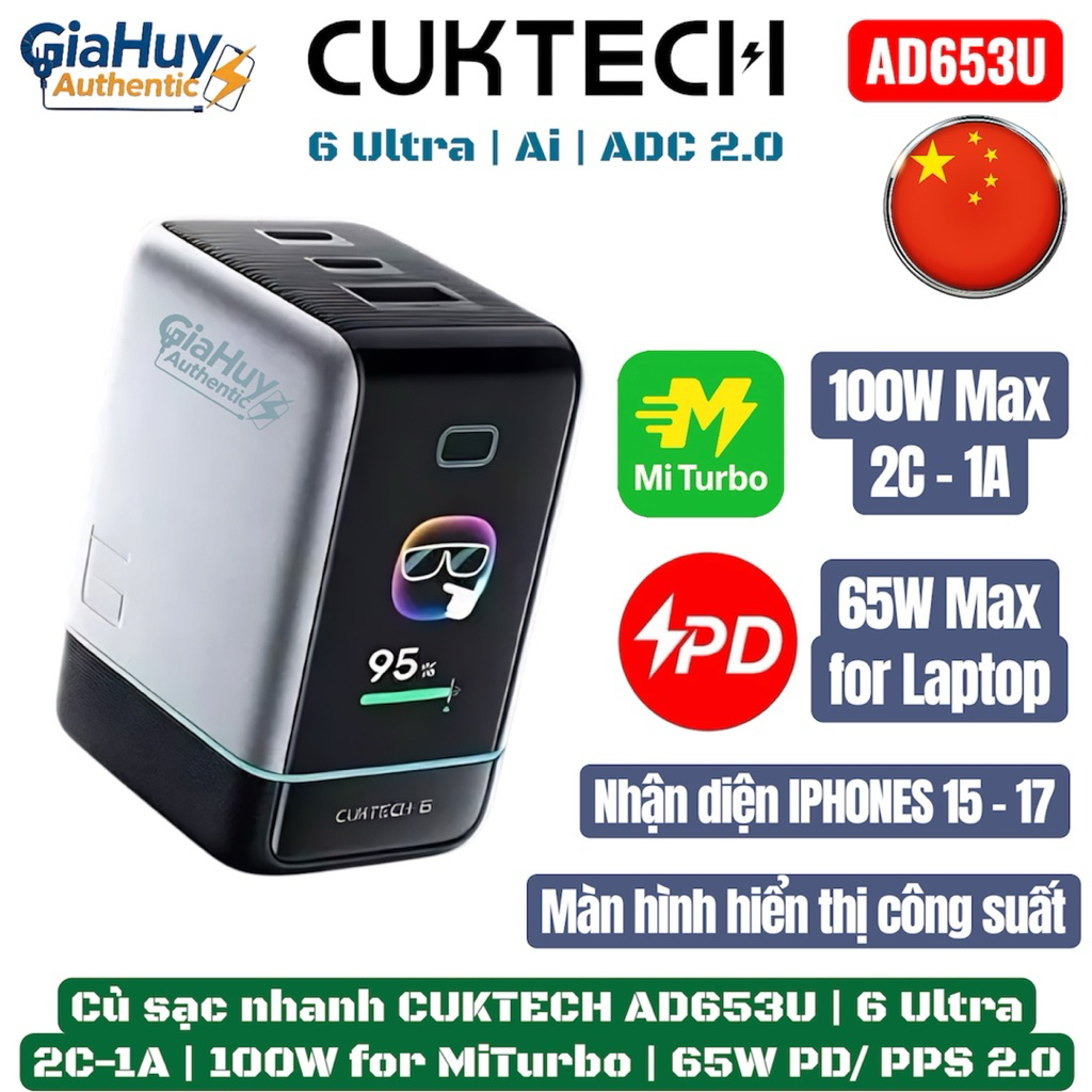 Củ sạc nhanh CUKTECH AD653U 6 Ultra 100W 2C-1A | Màn hình hiển thị công suất | 100W MiTurbo or 65W P